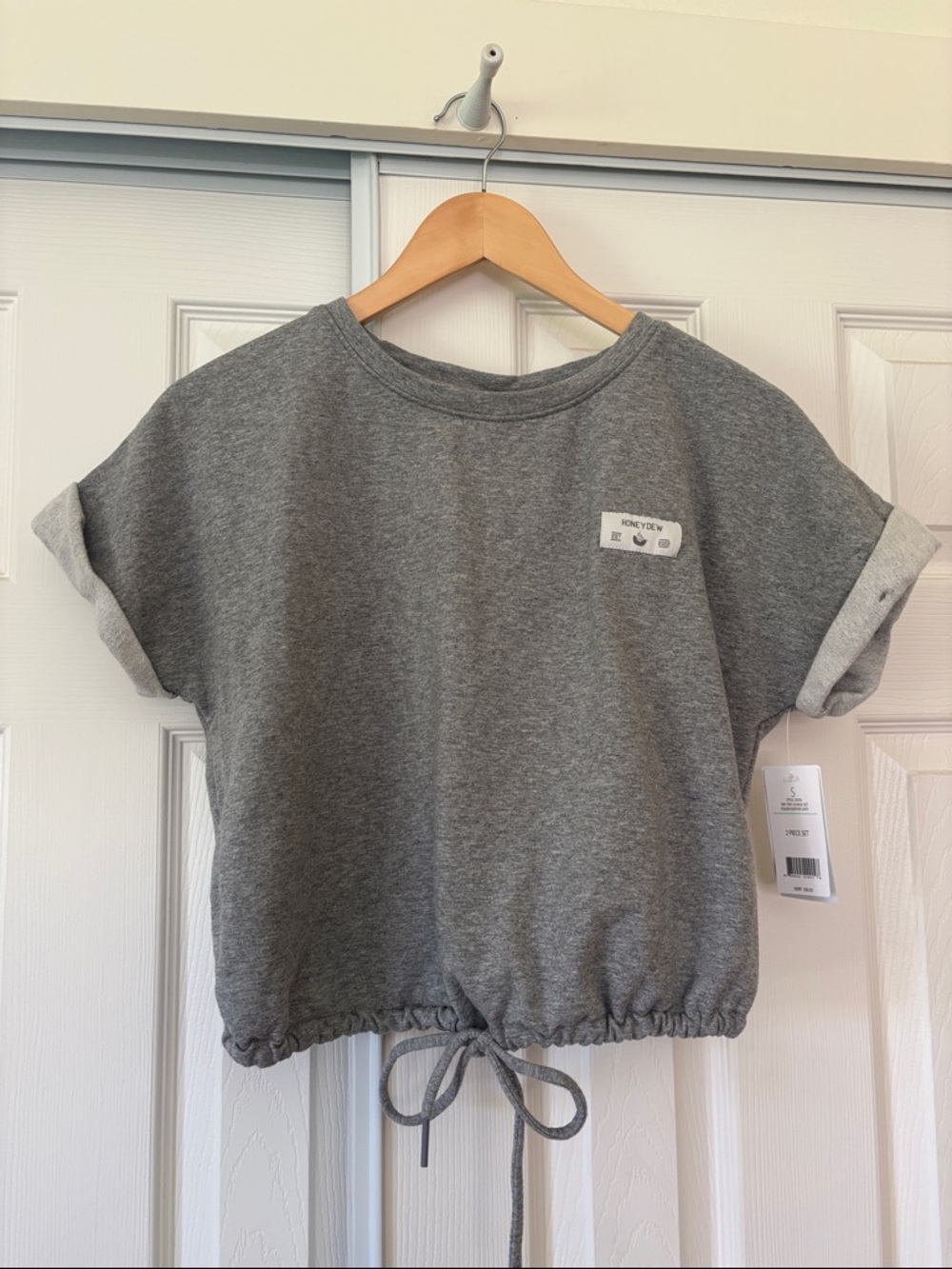 Honeydew Intimates Gray Cropped Drawstring Hem Short Sleeve Sleep Top
